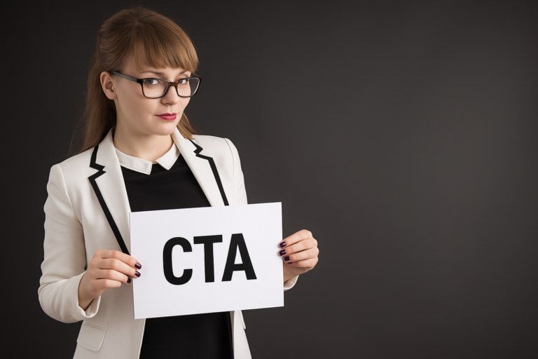 Mulher de óculos com blazer branco segurando placa com a sigla CTA, representando Call To Action, em fundo escuro para conteúdo de marketing digital.