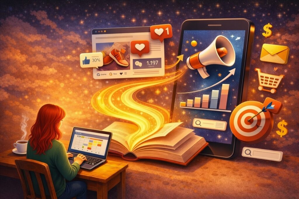 Imagem ilustrativa de storytelling digital, destacando uma pessoa criando narrativas envolventes com recursos como redes sociais, gráficos, e-commerce e marketing online, ressaltando a importância do storytelling para engajamento e sucesso no mundo digital.